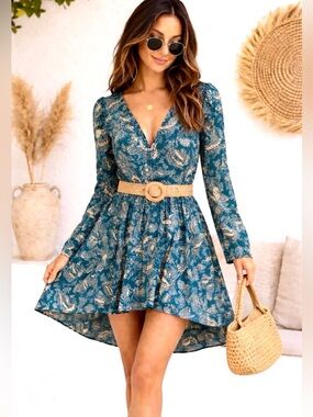Free People Ruched Sleeve Tunic Mini Dress Floral Green Beige Size Small